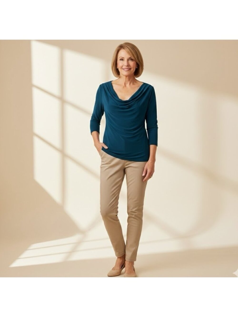 Sympli Teal Blue 3/4 Sleeves Stretchy Slinky Cowl Neck Top Size 6 Office Work